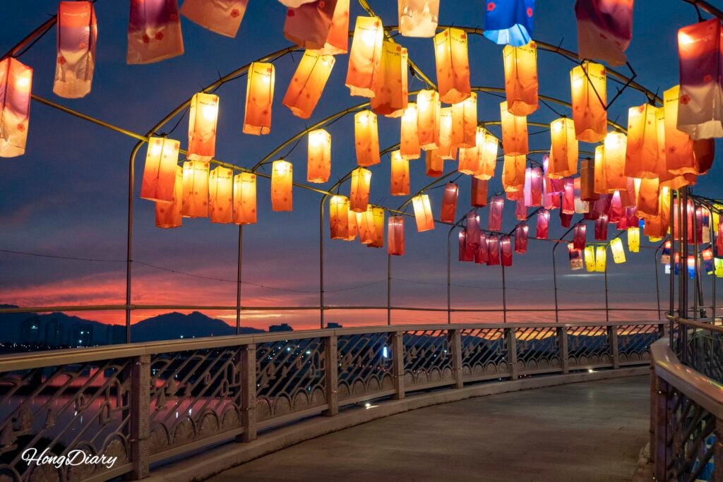 Seungwolgyo pedestrian bridge located across the street from Piorium in Namwon, South Korea
