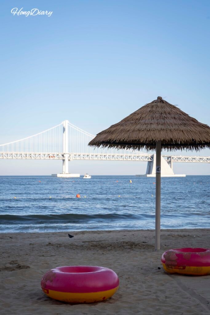 Sombrillas de paja alineadas para alquiler en la playa de Gwanganli, verano 2026