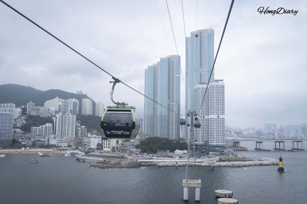 Panoramic view of Songdo Beach and Namhang Bridge seen from inside the Songdo Cable Car, Busan