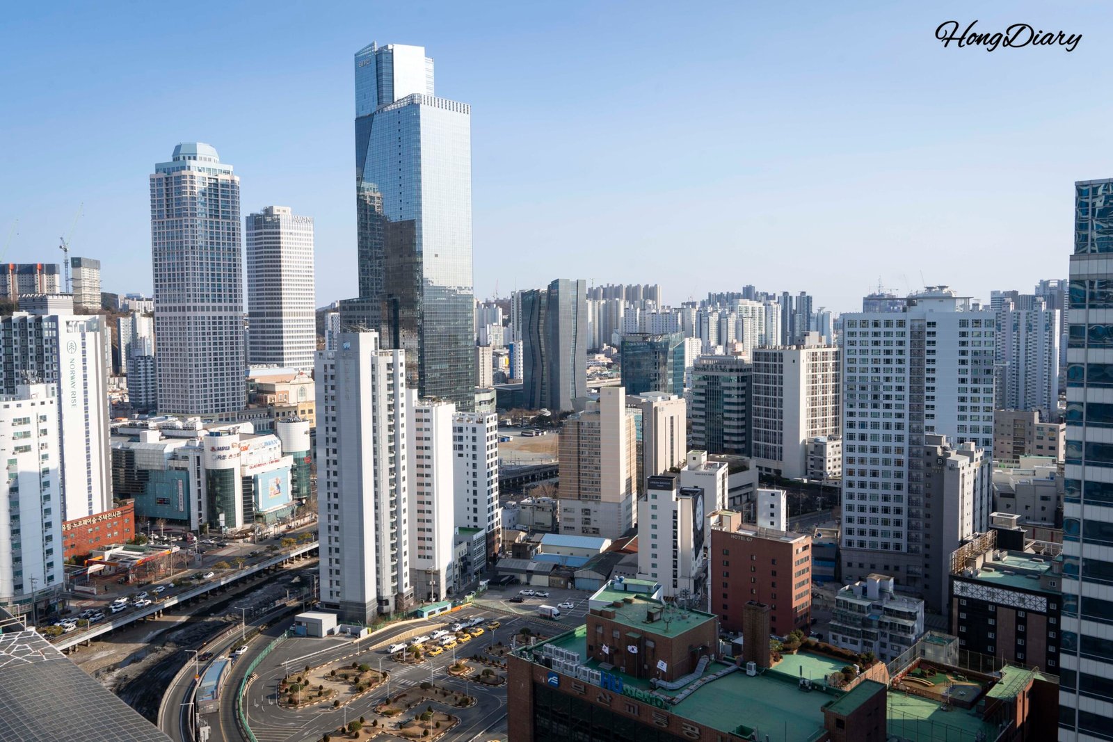 Busan city view from a Seomyeon hotel room window