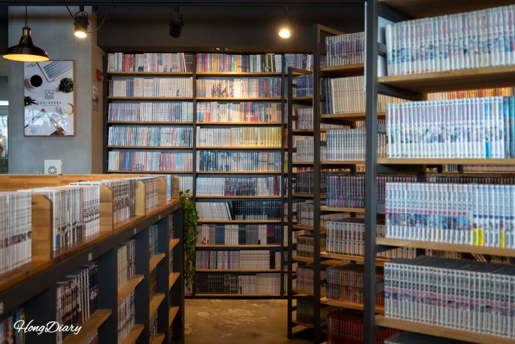 Bookshelves inside Tea & Books ocean view cafe in Gwanganli