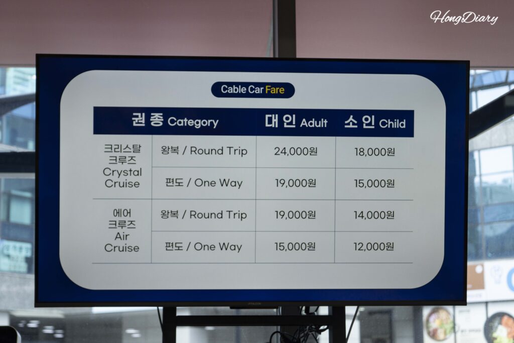 Tabla de precios de las cabinas Air Cruise y Crystal Cruise en el teleférico de Songdo, Busan