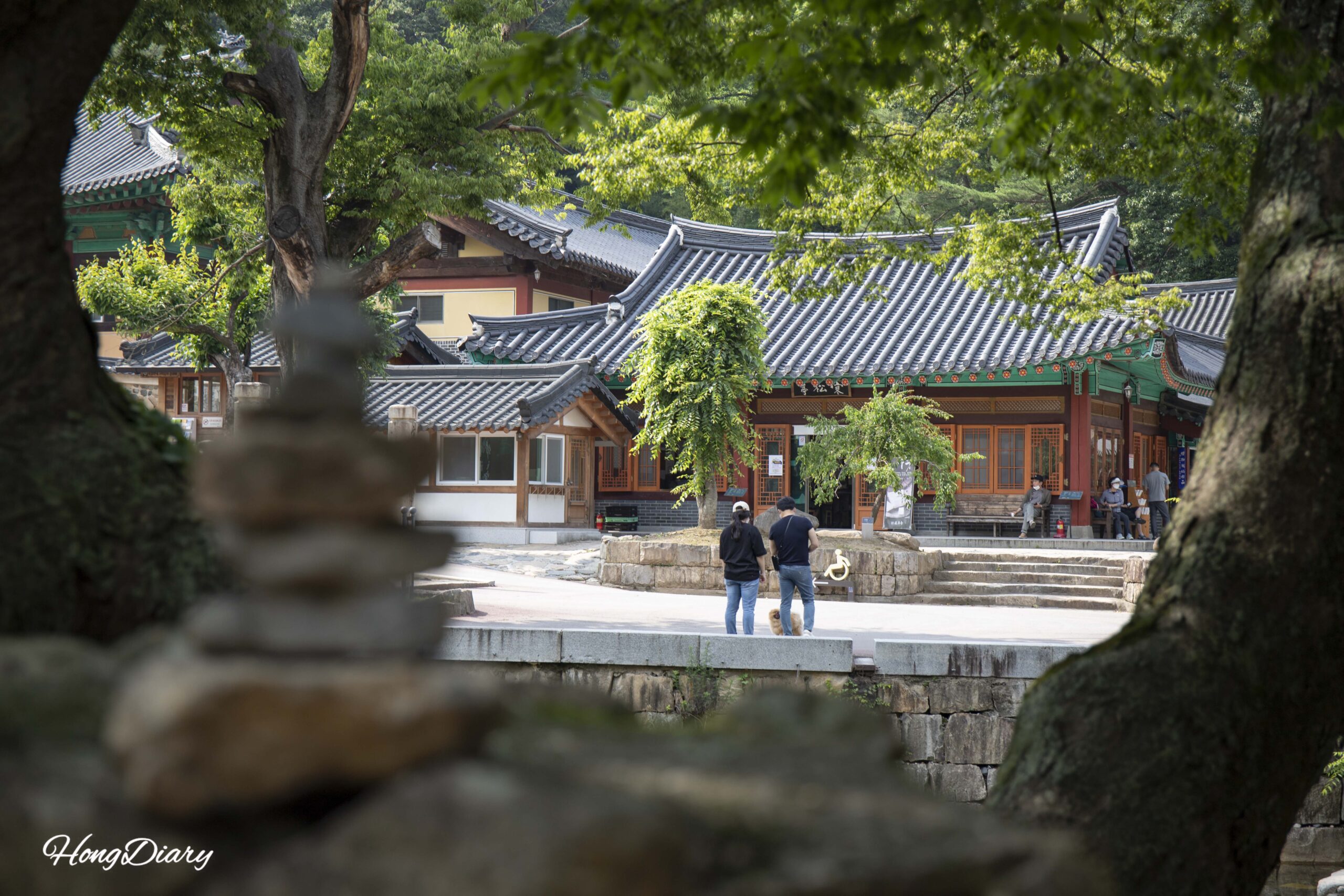 通度寺の渓流沿いで過ごす家族連れの訪問者