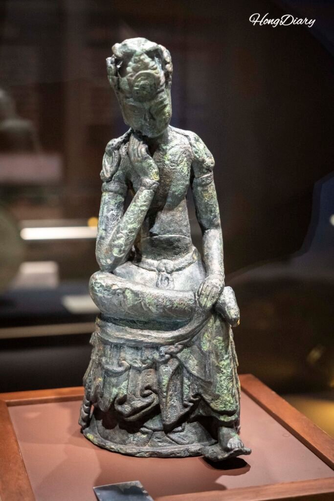 Gilt-bronze Pensive Bodhisattva excavated from Yusan-dong, displayed at the Yangsan City Museum