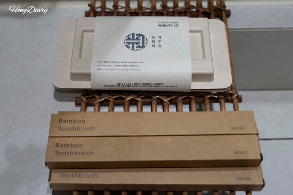 Eco-friendly branded amenity kit at Yeojuhyeon private hanok in Daegu