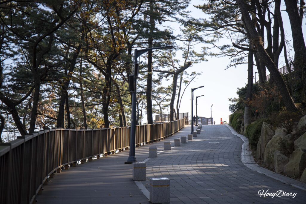 岩南公園の駐車場から松島龍宮雲橋の入口へ向かう上り坂の道（釜山）
