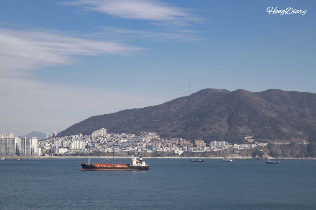 View of Yeongdo coastline and sea fog from the Songdo Yonggung Cloud Bridge, Busan