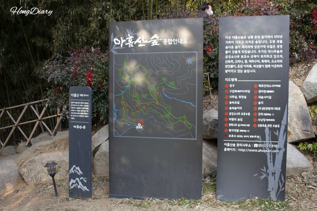 Information board and trail map at Ahopsan Forest, Gijang, Busan