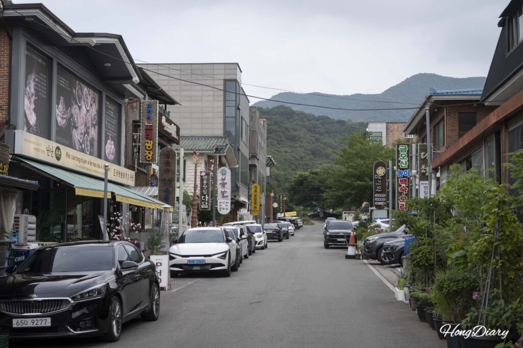 金烏山の第2駐車場近くにあるペクスク（鶏の漢方煮込み）通りの食堂街