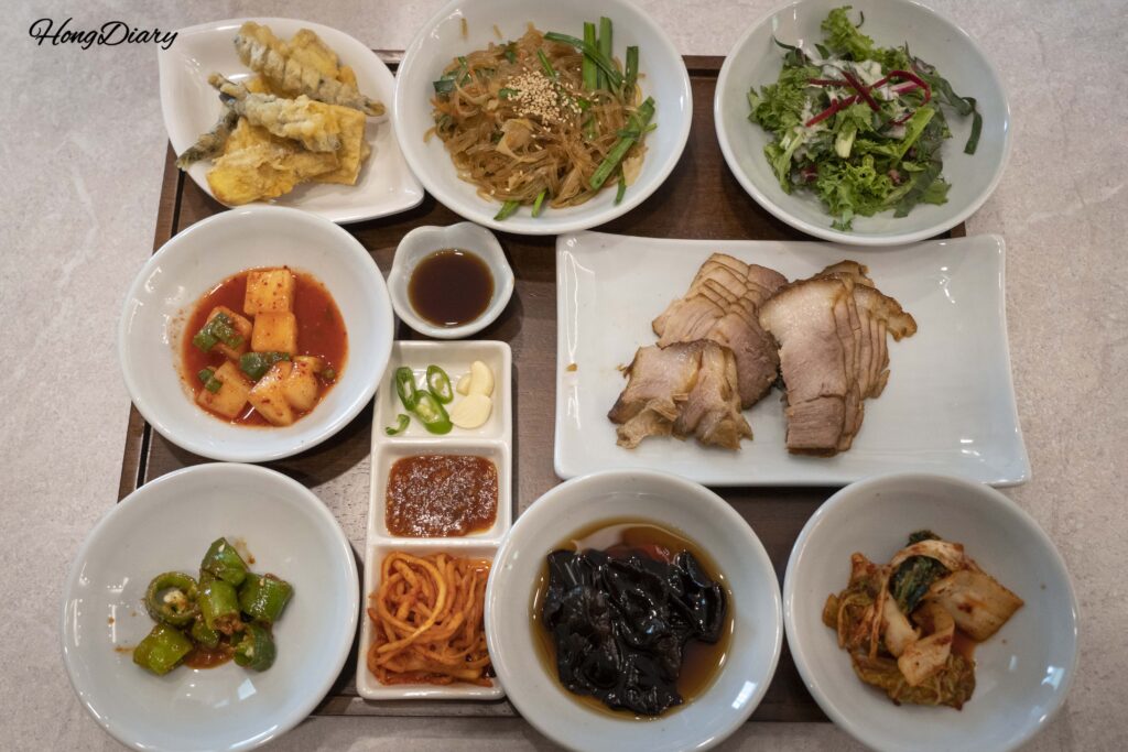 Full banchan side dish spread served as part of the Boyangjeongchan set meal at Irojeong in Gumi
