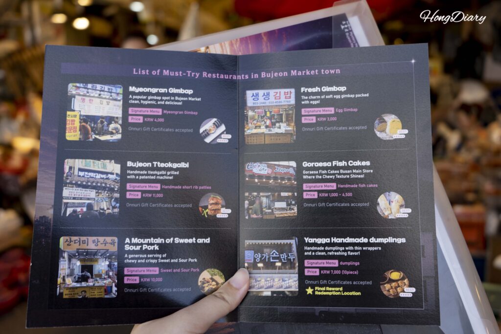 Curated food guide map of Bujeon Market restaurants included in the Mystery Market kit