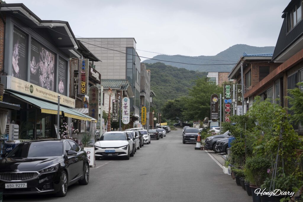 Calle de restaurantes de baeksuk (pollo hervido con hierbas) cerca del Estacionamiento N.° 2 en Geumosan