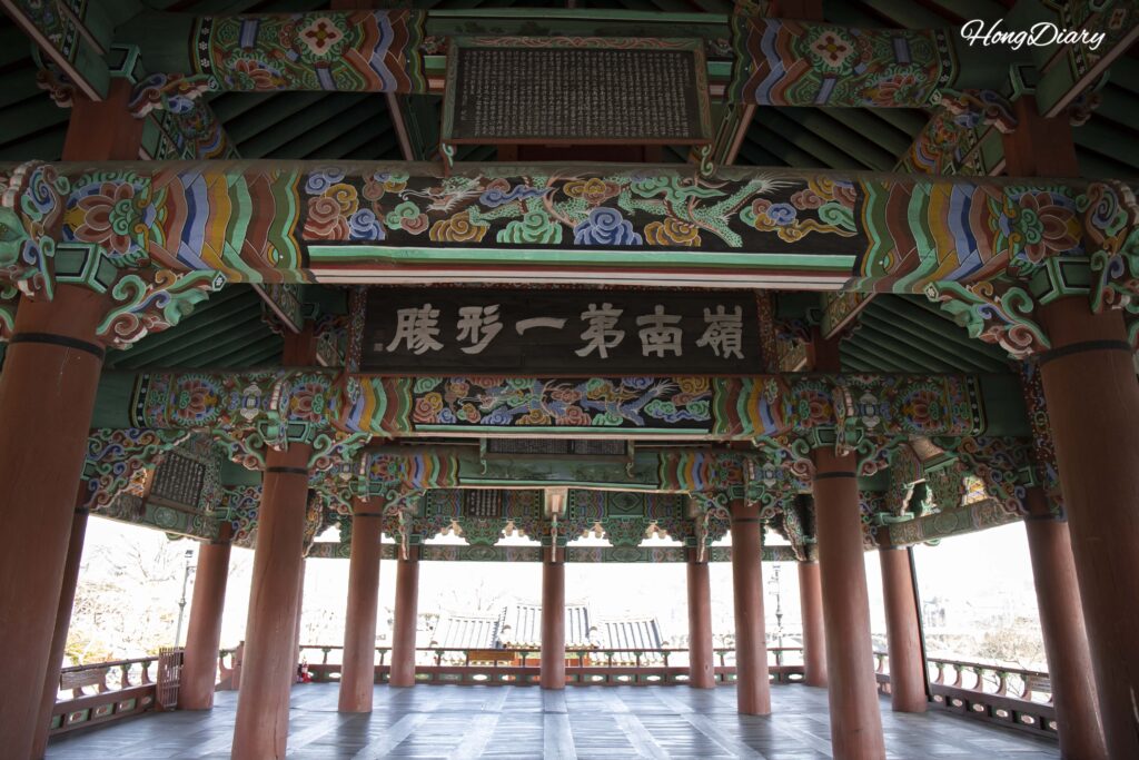 Historic signboard reading Yeongnam Jeil Hyeongseung inside Chokseoknu Pavilion, meaning the finest scenery in the Yeongnam region