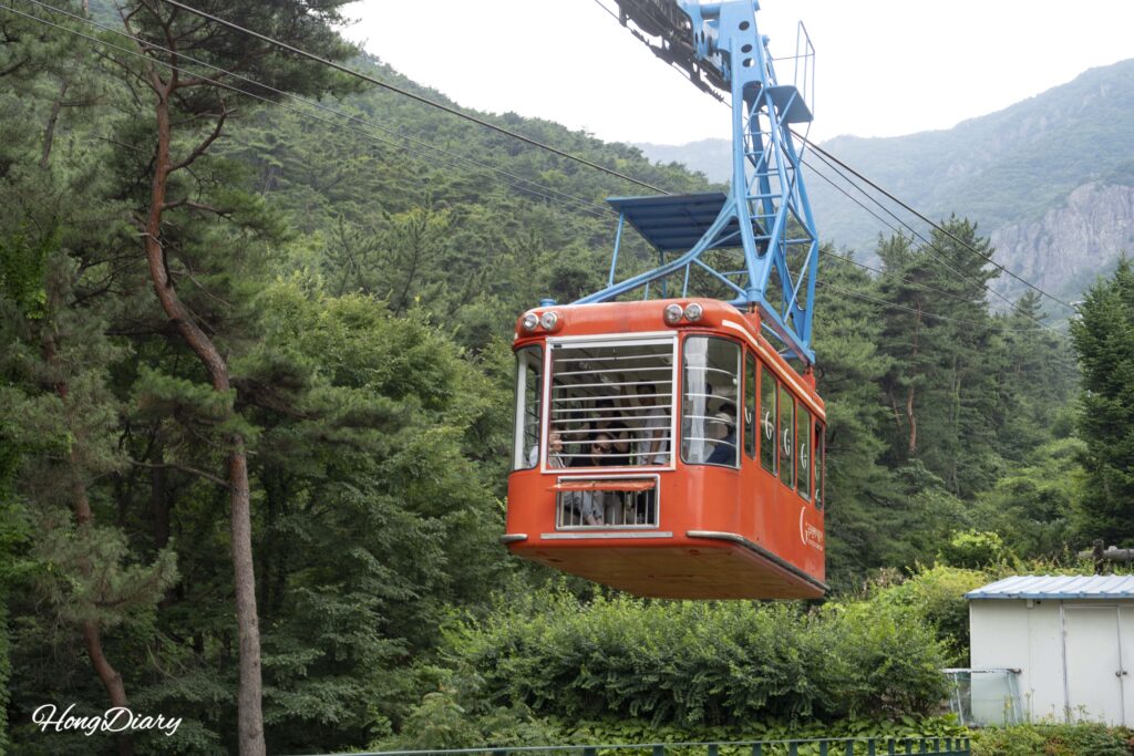 間近で見る金烏山ケーブルカー。窓のないオープンエア構造が確認できる