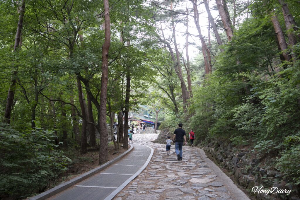 Paved walkway leading uphill to the Geumosan cable car boarding station