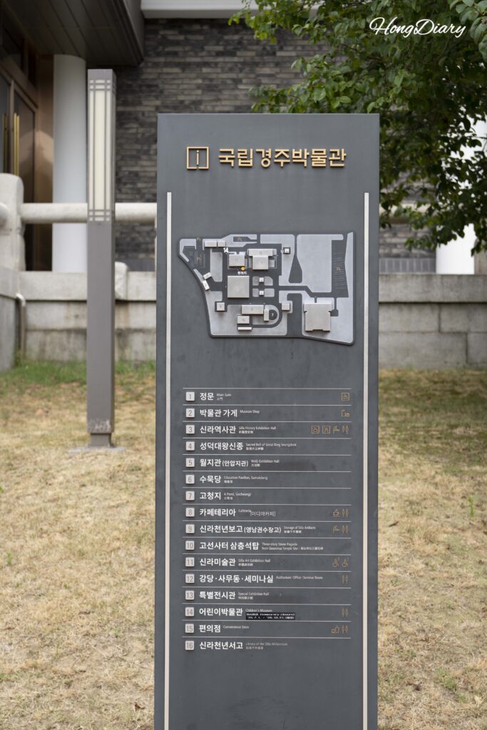 Mapa del recinto del Museo Nacional de Gyeongju con cuatro edificios de exhibición y área al aire libre