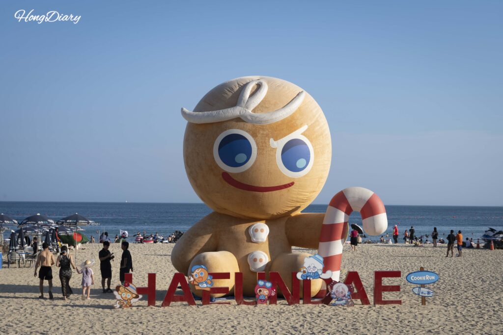 Cookie Run Brave Cookie air balloon photo zone on Haeundae Beach sand