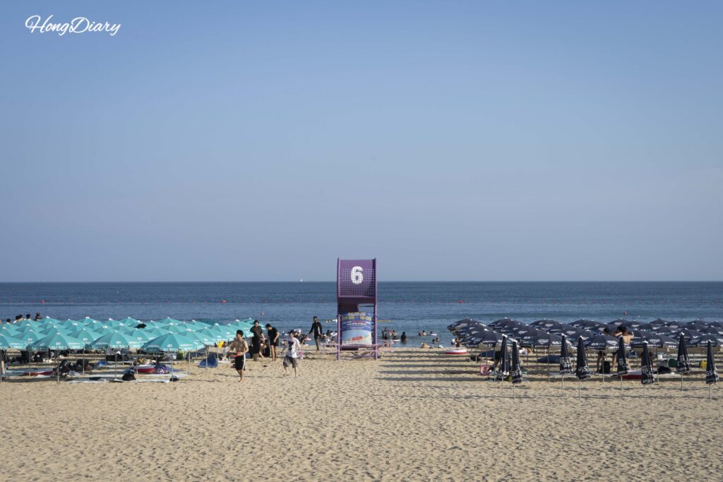 Lifeguard station and beach view at Haeundae Beach during summer season