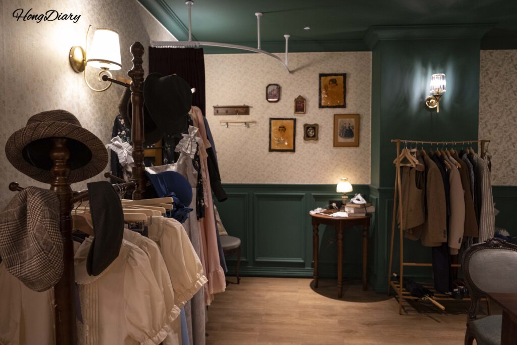 Rack of 1920s Korean vintage costumes available for guest experience at Kukjejang Hotel