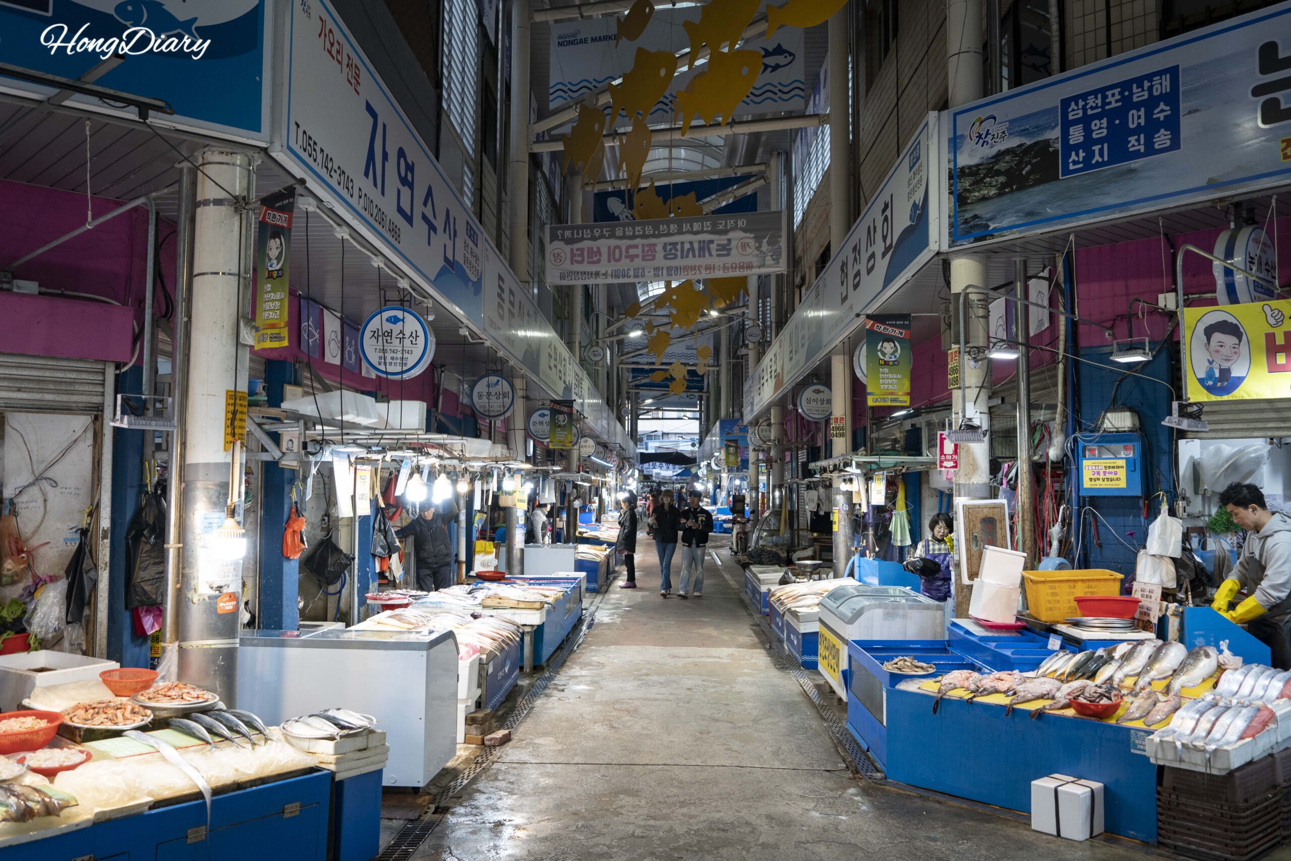 Callejón de mariscos frescos dentro del Mercado Central de Jinju, Gyeongsangnam-do