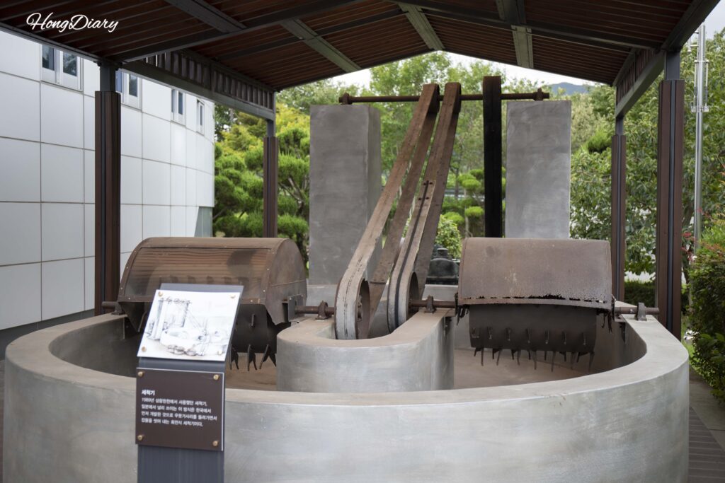 Vintage seaweed washing machine displayed outdoors at the Miryang Agar Museum in Miryang, South Korea