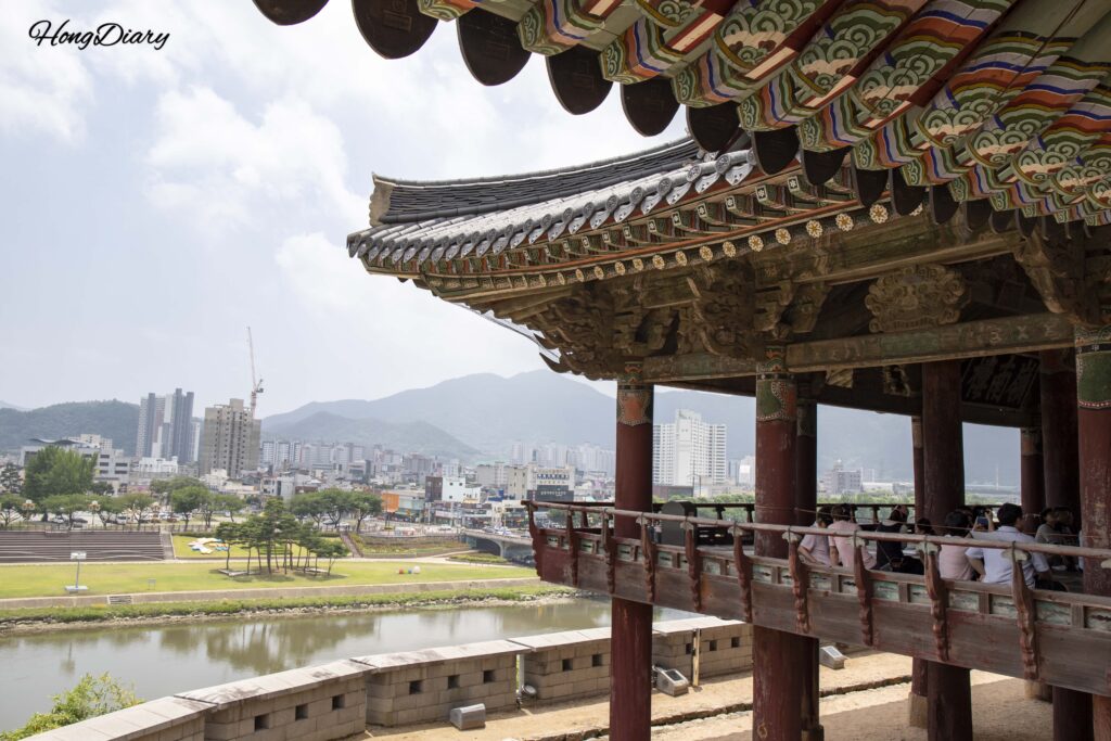 Panoramic view of the Miryang River and surrounding mountains from Yeongnamnu Pavilion
