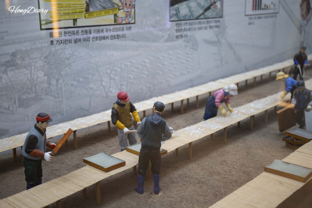 Diorama en miniatura que muestra el proceso de producción del agar paso a paso en el Museo de Agar de Miryang