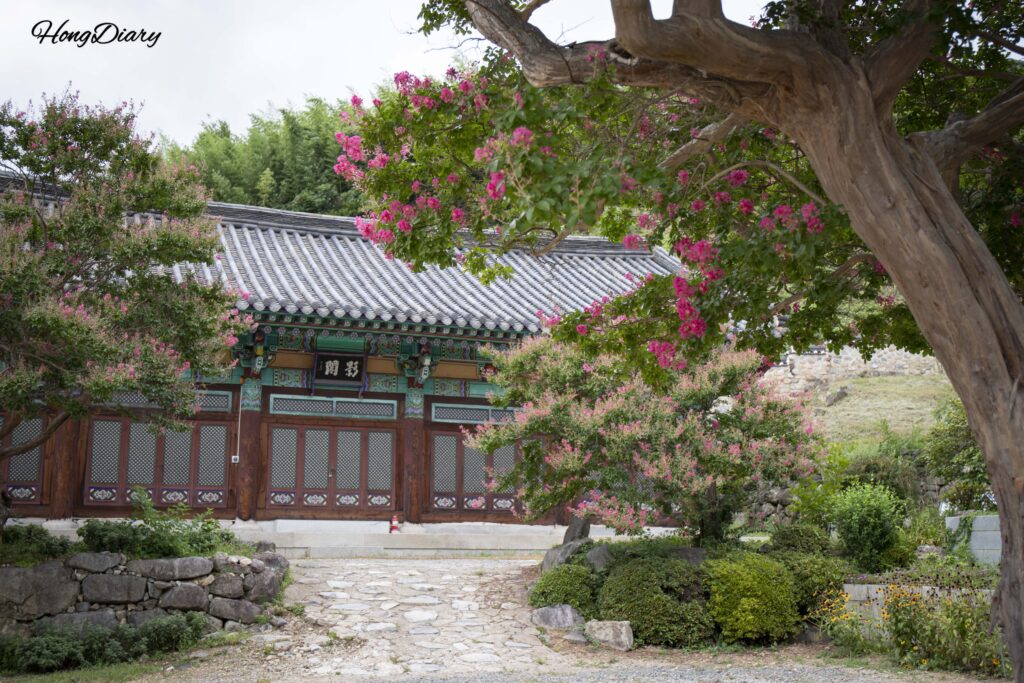 Crape myrtle flowers with Yeonggak Hall in the background at Pyochungsa Temple, Miryang