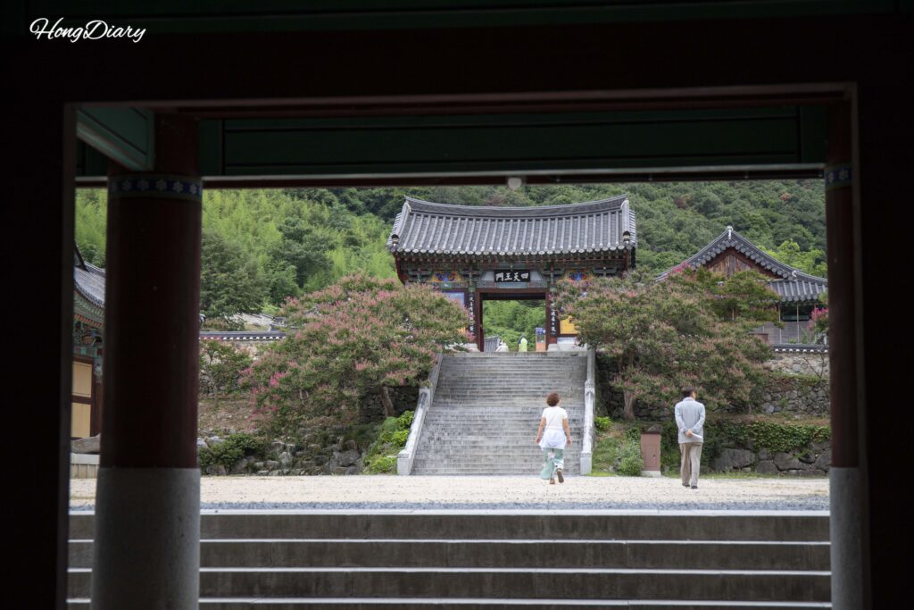 Close-up view of Sacheonwangmun, the Four Heavenly Kings Gate, at Pyochungsa Temple in Miryang
