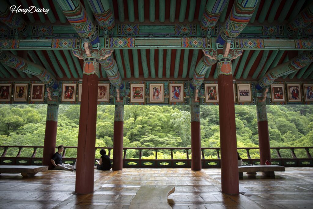 Uhwaru Pavilion, an open-air wooden resting area at Pyochungsa Temple in Miryang