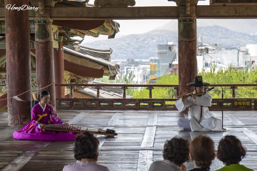 Traditional Korean music performance in the courtyard of Yeongnamnu Pavilion in Miryang