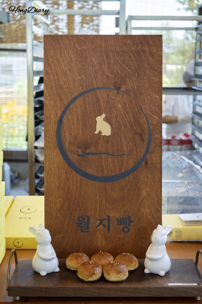 Wolji Bread mascot character displayed at the bakery entrance in Gyeongju