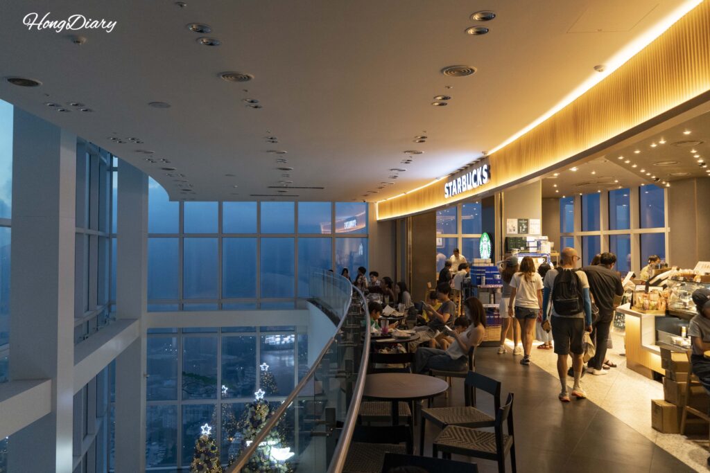 Exterior of the world's highest Starbucks location on the 99th floor of Busan X the Sky