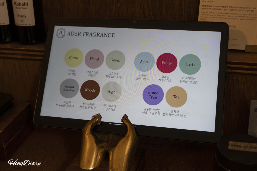 Pantalla de tableta mostrando las 11 categorías de aromas durante la clase en ADoR, Busan