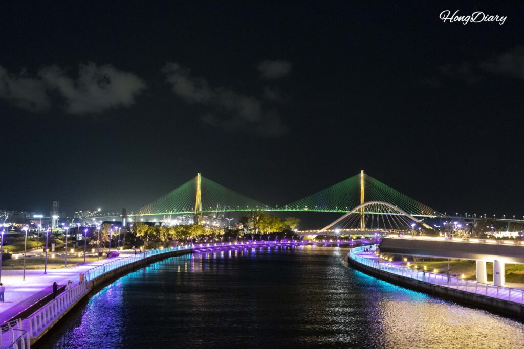 Busan Harbor Bridge (Bukhang Bridge) fully illuminated at night as seen from North Port Waterfront Park