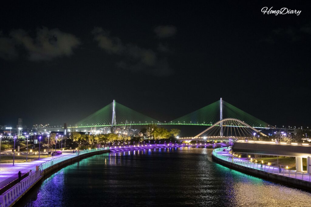 Puente del Puerto de Busan (Puente Bukhang) completamente iluminado de noche visto desde North Port Waterfront Park