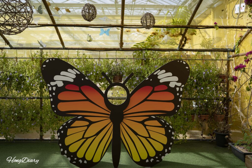 Butterfly-shaped photo zone for visitors inside the greenhouse at Changnyeong Upo Insect World