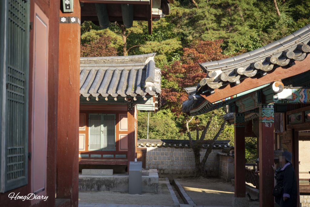 Autumn foliage framing the traditional wooden buildings inside Dosan Seowon, Andong