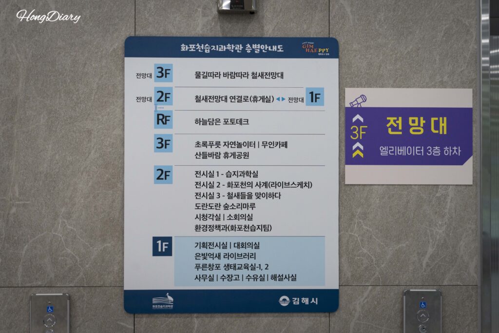 Wall-mounted floor guide showing the layout of the Hwapocheon Wetland Science Museum and Bird Observatory Tower in Gimhae