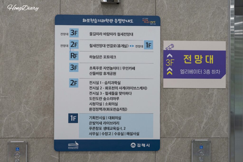Guía de pisos en la pared mostrando la distribución del Museo del Humedal de Hwapocheon y la Torre de Observación de Aves en Gimhae
