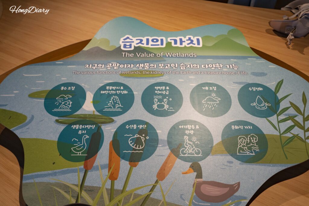 ファポチョン湿地科学館に展示されている湿地の生態学的価値を解説するパンフレット