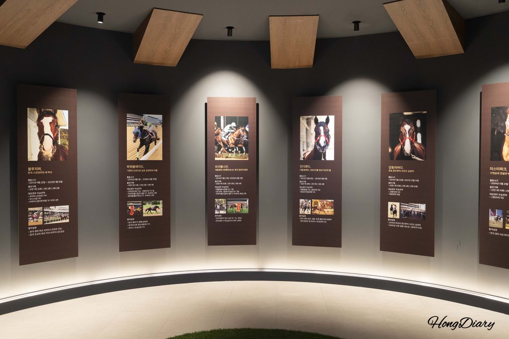 Exhibición de trofeos y uniformes de campeones en Heritage Hall, Let's Run Park Busan