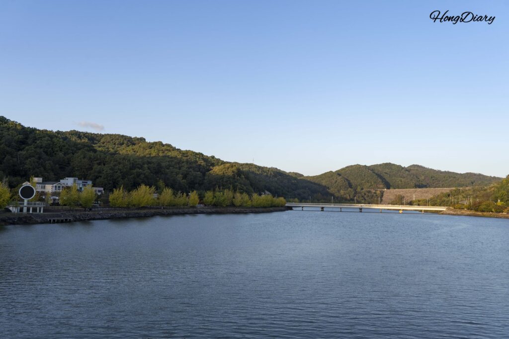 Panoramic view of the Nakdong River and mountain ridgeline seen from Woryeonggyo Bridge in Andong