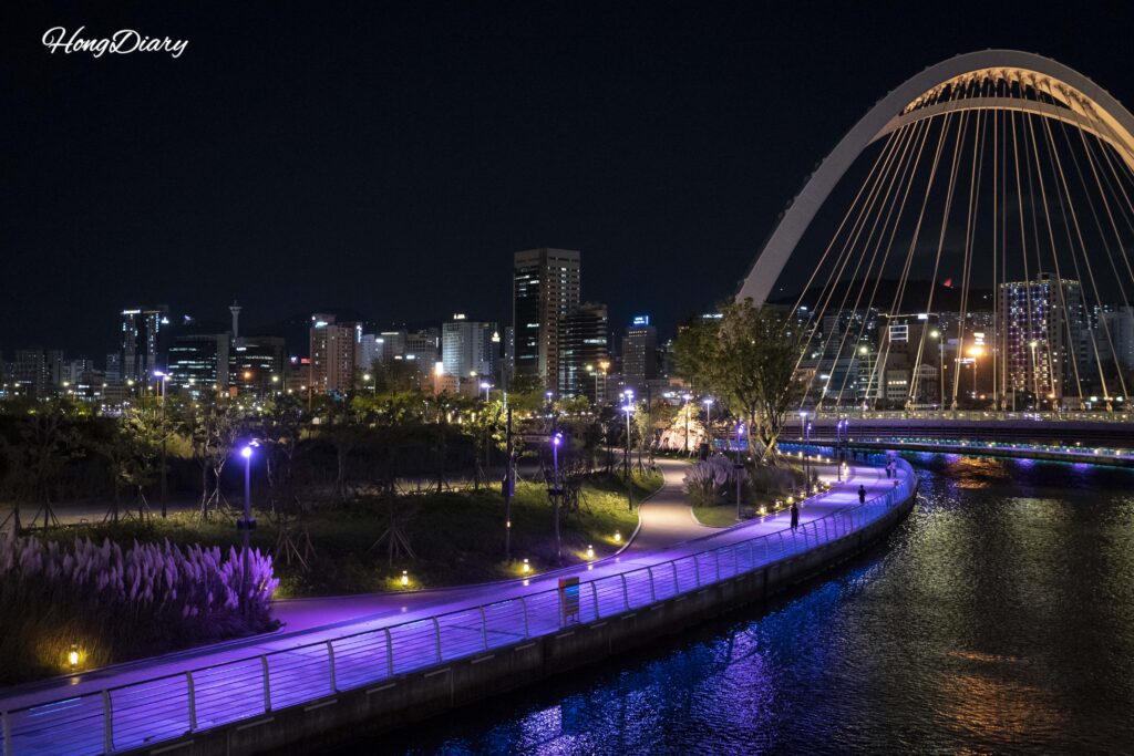 Illuminated walking path and glowing pedestrian bridge at North Port Waterfront Park Busan with visitors strolling at night