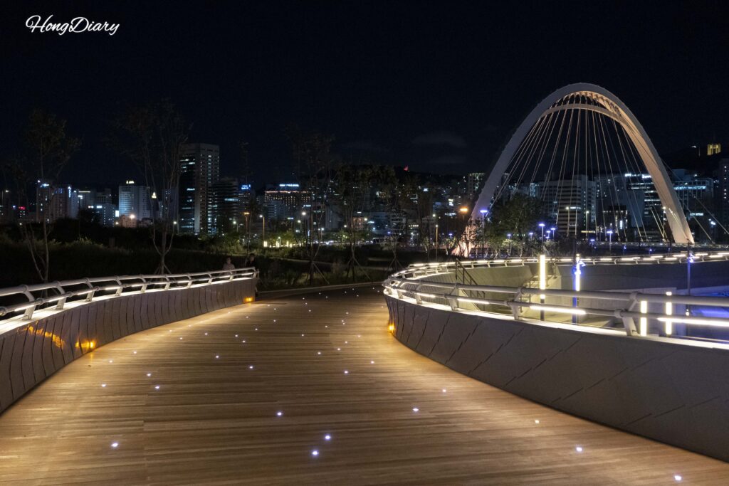 北港親水公園の展望デッキ、床面に埋め込まれた星のようなLEDライトが夜に光る