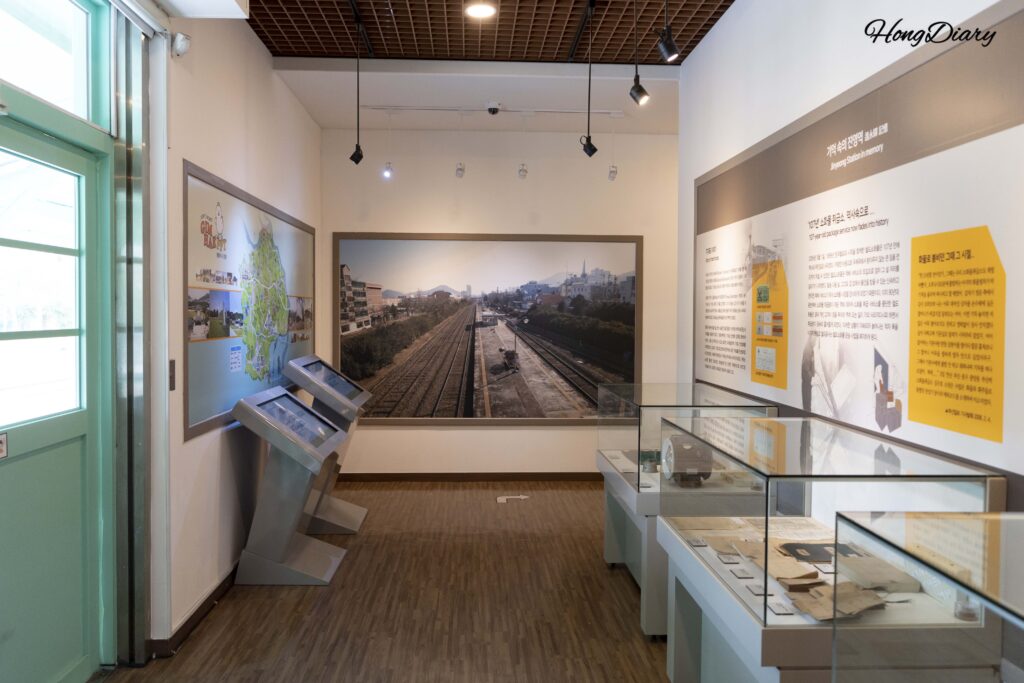 Historical photographs and information panels about old Jinyeong Station at Jinyeong Railway Museum