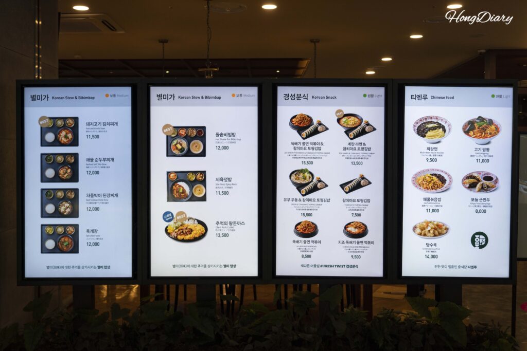 金海空港プレイティングのメニュー看板全体（韓国料理・軽食・中華の3カテゴリー）
