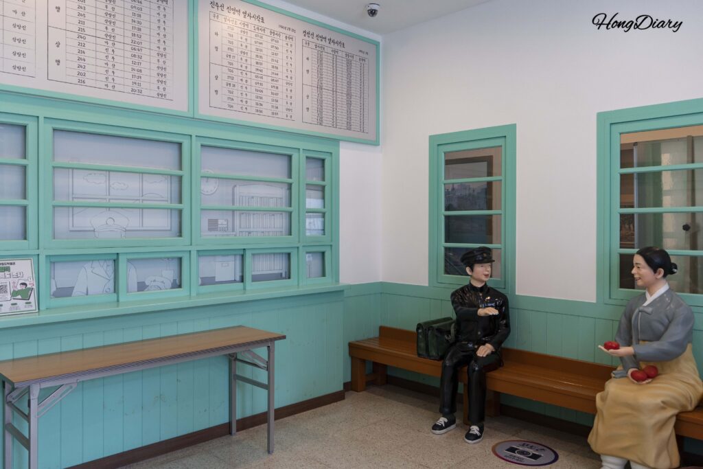 Recreated interior scene of old Jinyeong Station waiting room at the railway museum in Gimhae