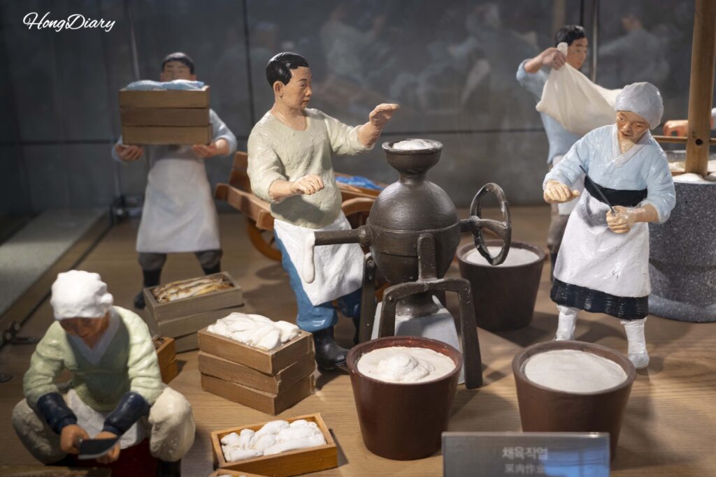 三進オムク本店に展示された昔のオムク製造工程のミニチュア模型
