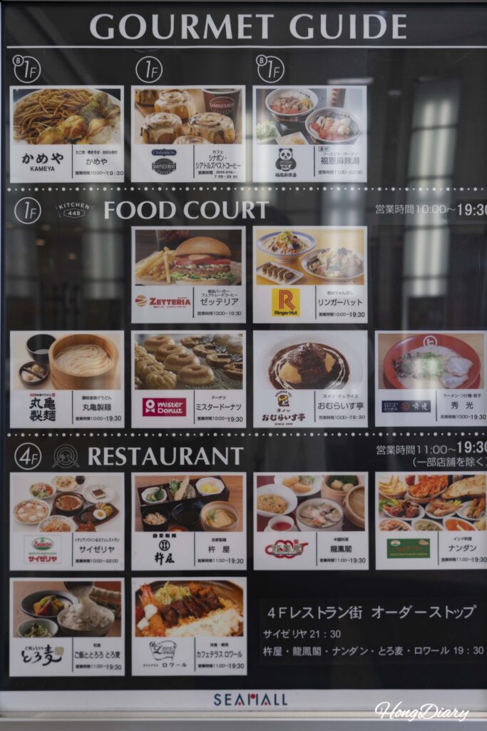 Panel indicador de ubicación de restaurantes y cafeterías dentro de Sea Mall Shimonoseki